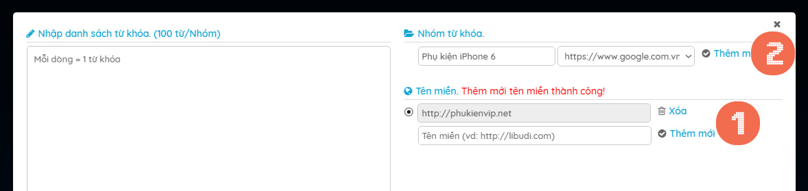 Thêm tên miền và nhóm từ khóa