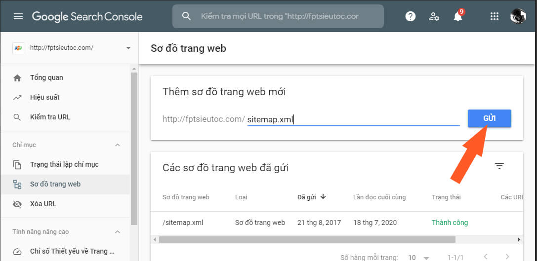 Gửi sơ đồ trang web sitemap.xml trong Google Search Console