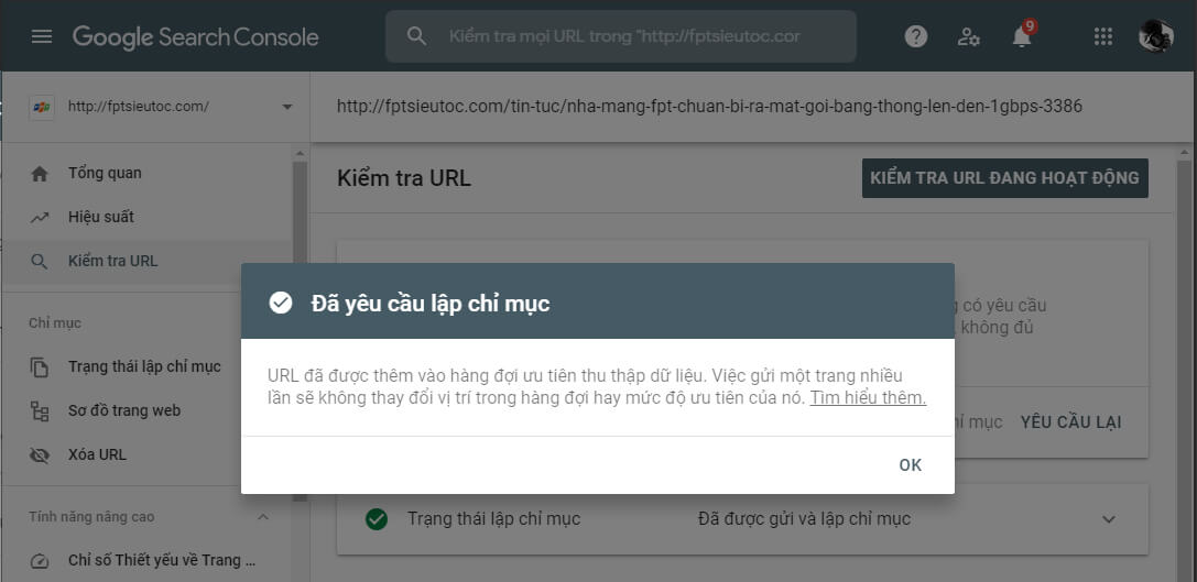 Yêu cầu lập chỉ mục url bài viết trong Google Search Console
